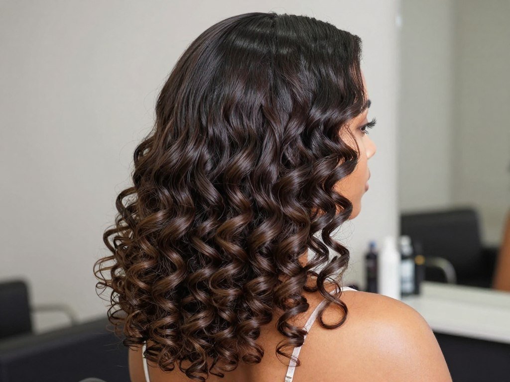 Curly half up half down weave with sleek top section Curly half up half down weave with sleek top section