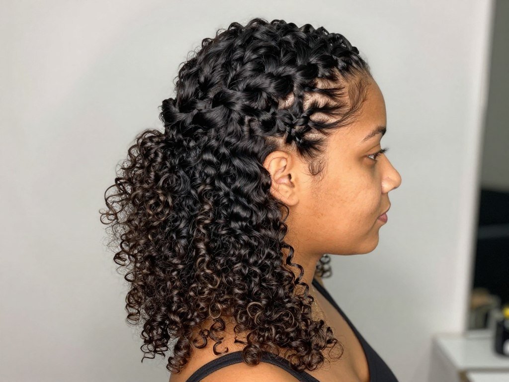 Curly half up half down weave with twisted crown detail Curly half up half down weave with twisted crown detail