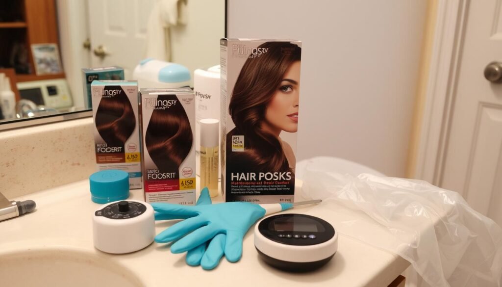 DIY hair coloring setup with mushroom brown hair dye products at home