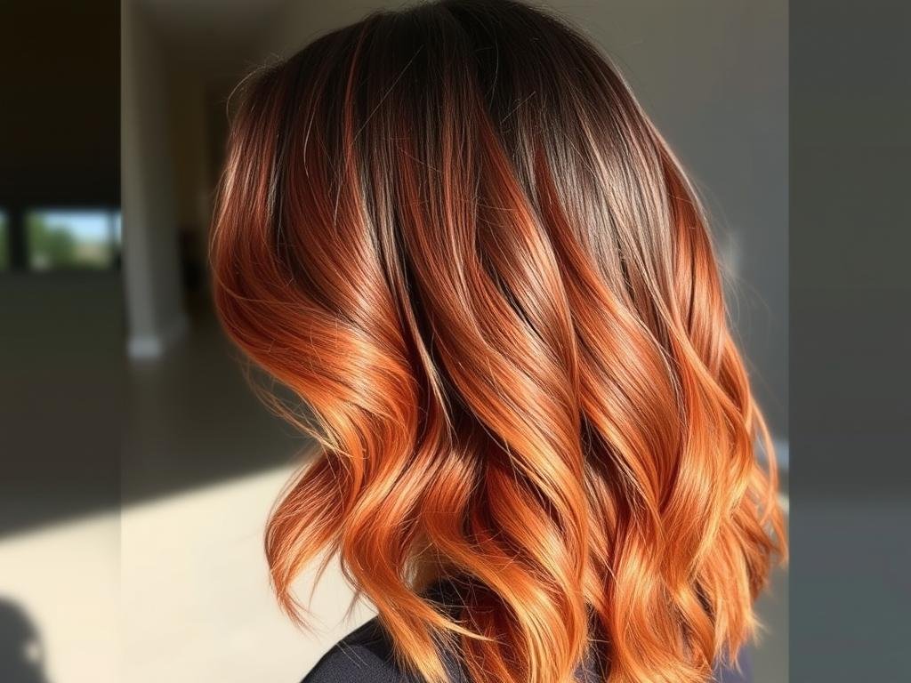 Dark brown hair transitioning to warm auburn in a rich, reddish ombre