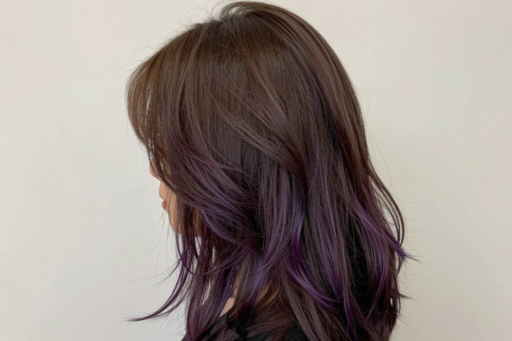 Dark brown hair with a subtle all-over purple tint that's visible in bright light