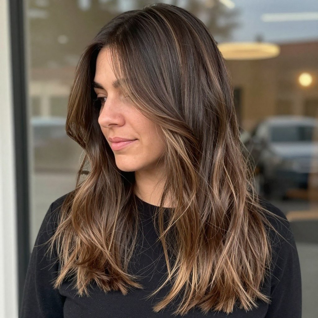 Dark brown hair with caramel balayage highlights