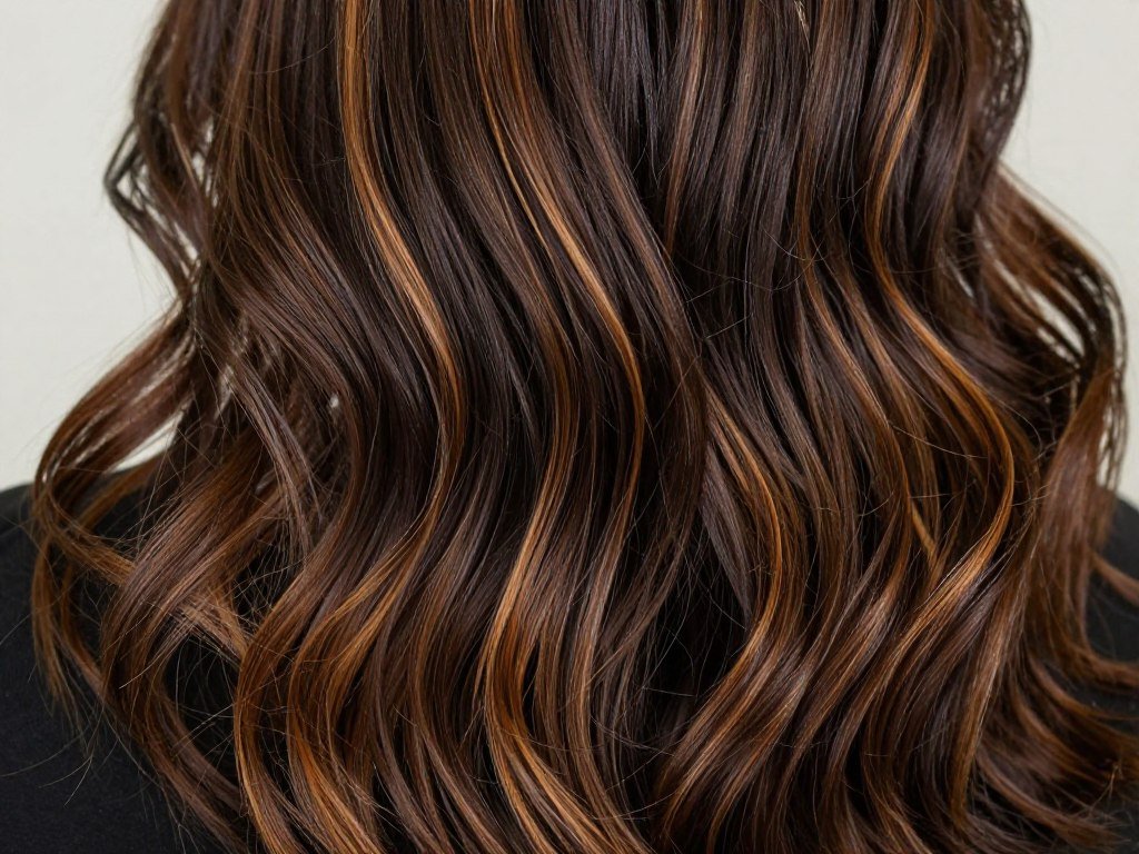 Dark brown hair with caramel highlights styled in loose waves Dark brown hair with caramel highlights styled in loose waves