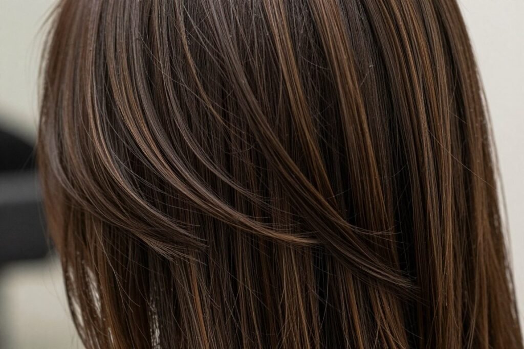 Dark brown hair with chocolate highlights for subtle dimension