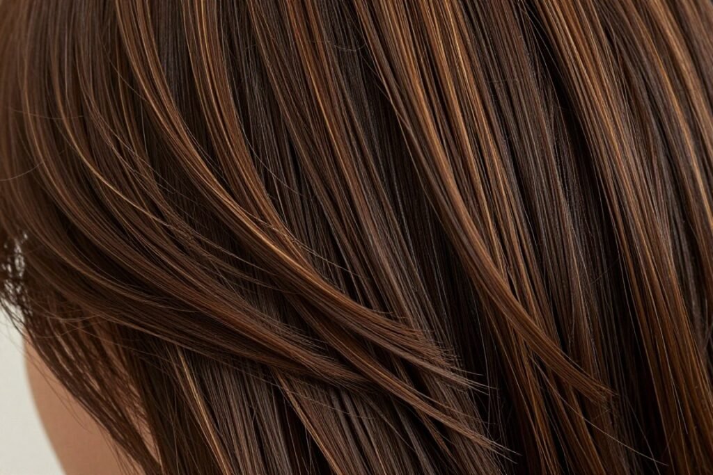 Dark brown hair with fine babylights throughout