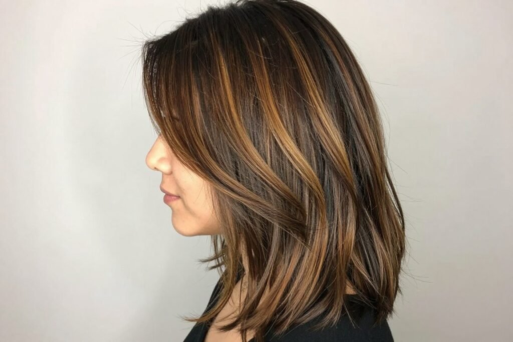 Dark brown hair with hand-painted balayage highlights