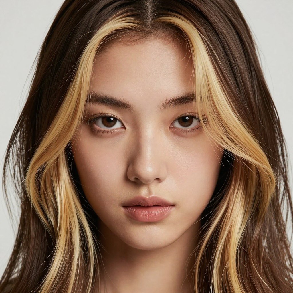 Dark brown hair with honey blonde money piece highlights