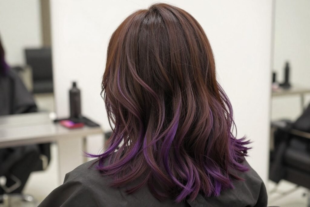 Dark brown hair with rich plum purple balayage highlights painted through the mid-lengths and ends