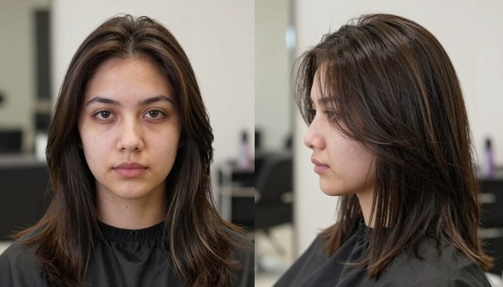 Dark brown hair with strategically placed highlights to enhance face shape