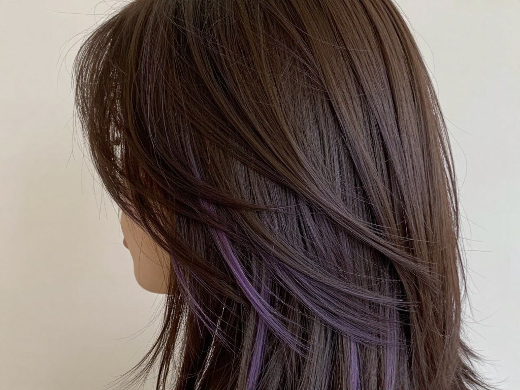 Dark brown hair with subtle lavender peekaboo highlights visible when hair moves