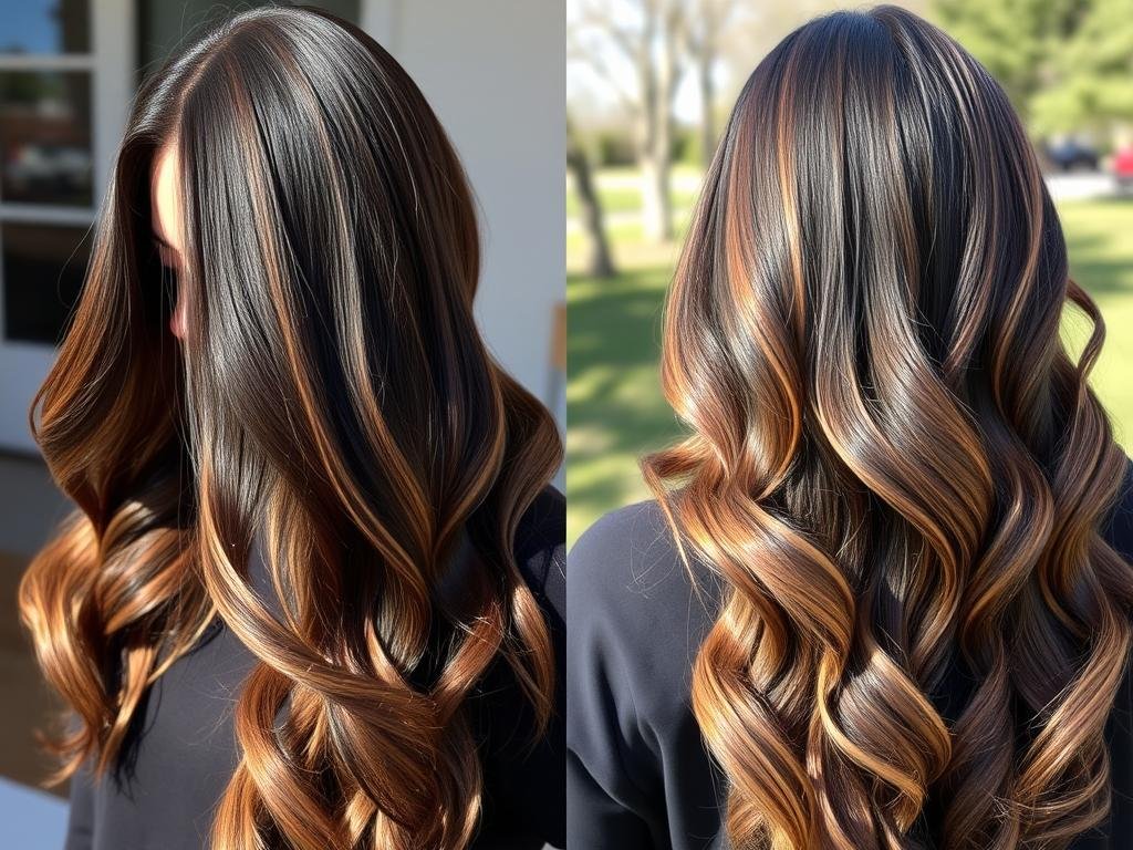 Dark brunette hair with caramel ribbon highlights creating dimension Dark brunette hair with caramel ribbon highlights creating dimension
