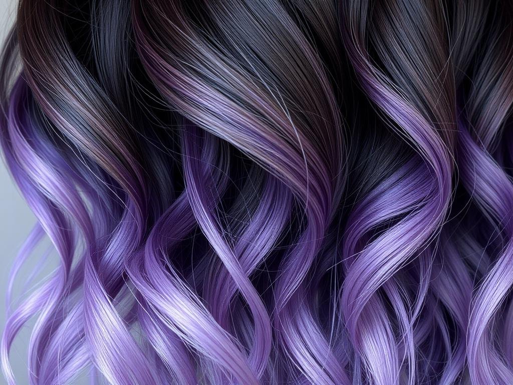 Dark brunette hair with dusty lavender ombre ends creating a unique color effect