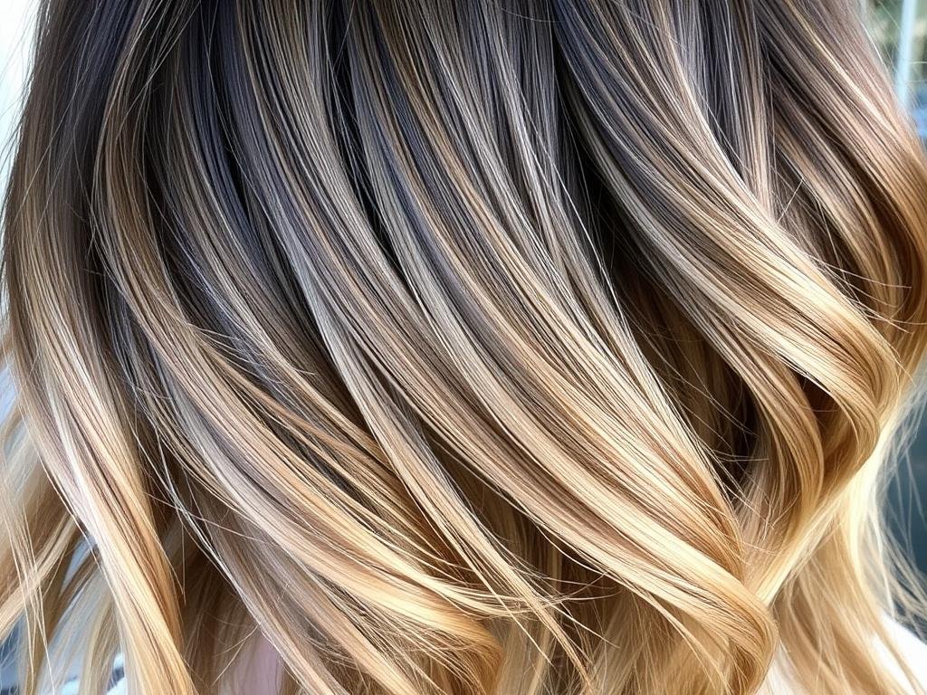 Dark brunette hair with ribbon highlights transitioning into a sandy ombre effect