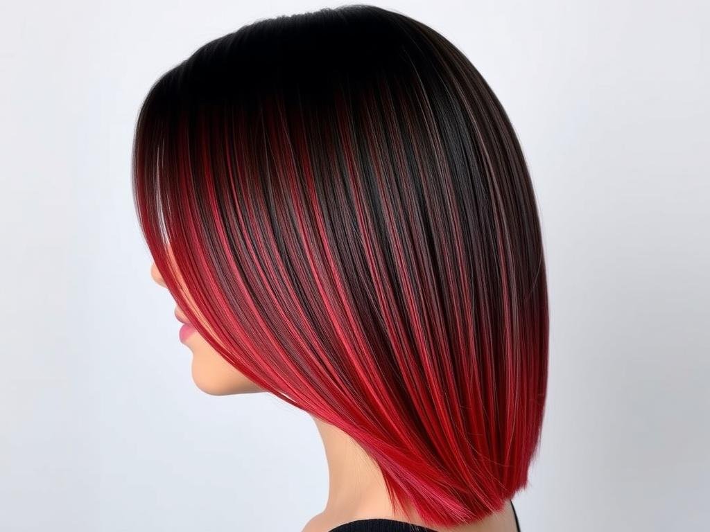 Dark brunette hair with vibrant scarlet red ombre ends creating a bold effect
