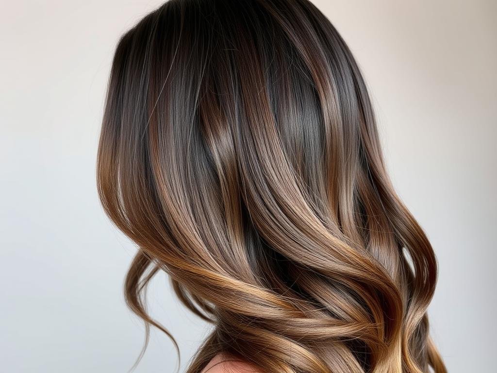 Dark chocolate brown hair transitioning to milk chocolate ends in a subtle ombre effect