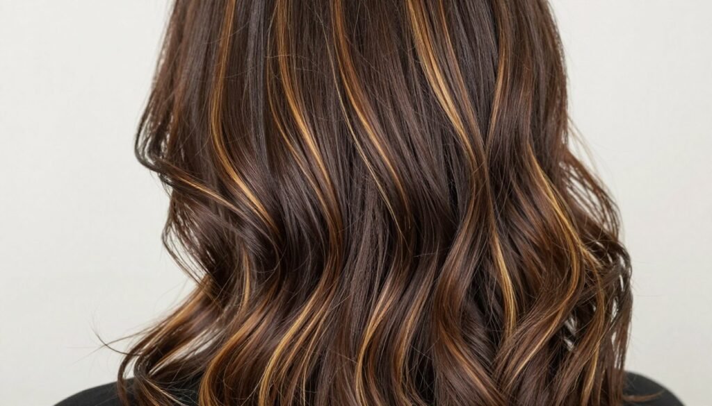 Dark chocolate brown hair with honey blonde highlights creating contrast and brightness Dark chocolate brown hair with honey blonde highlights creating contrast and brightness