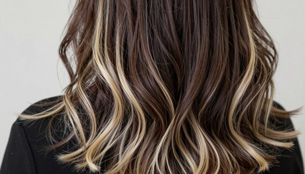 Dark chocolate brown hair with striking platinum blonde highlights for maximum contrast Dark chocolate brown hair with striking platinum blonde highlights for maximum contrast