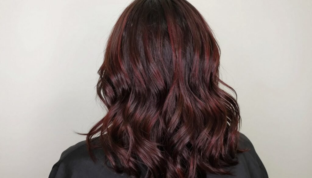 Dark chocolate brown hair with subtle burgundy or cherry-toned highlights Dark chocolate brown hair with subtle burgundy or cherry-toned highlights