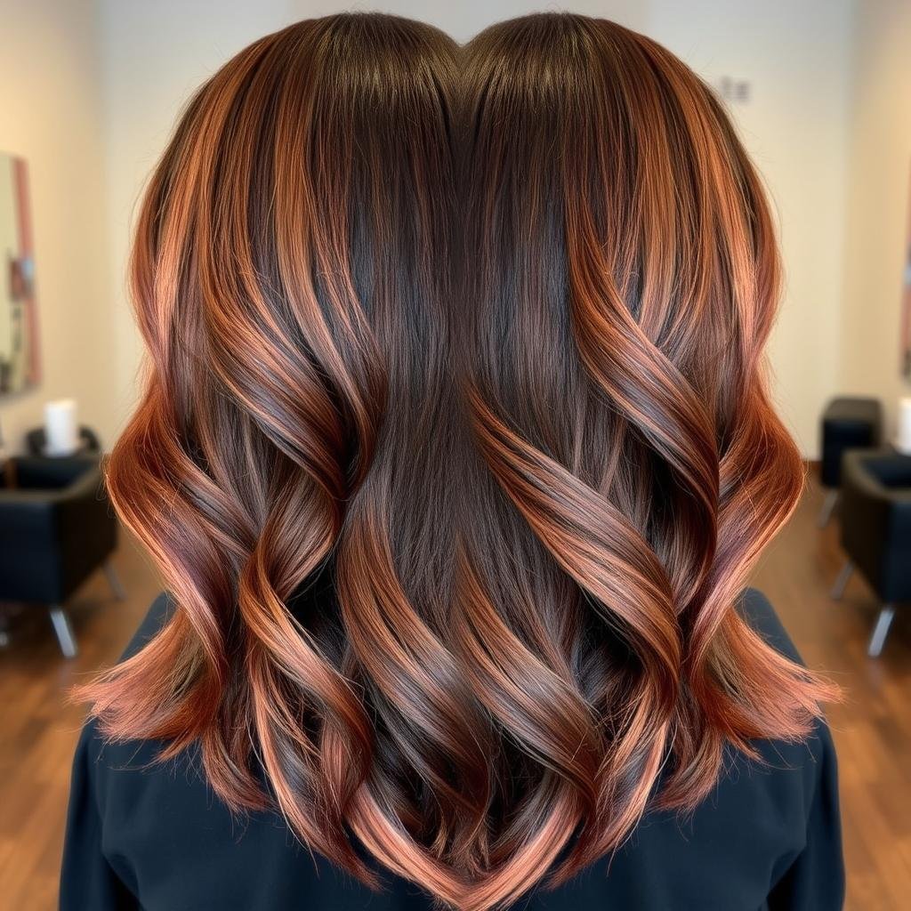 Dark cowboy copper balayage on long hair Dark cowboy copper balayage on long hair