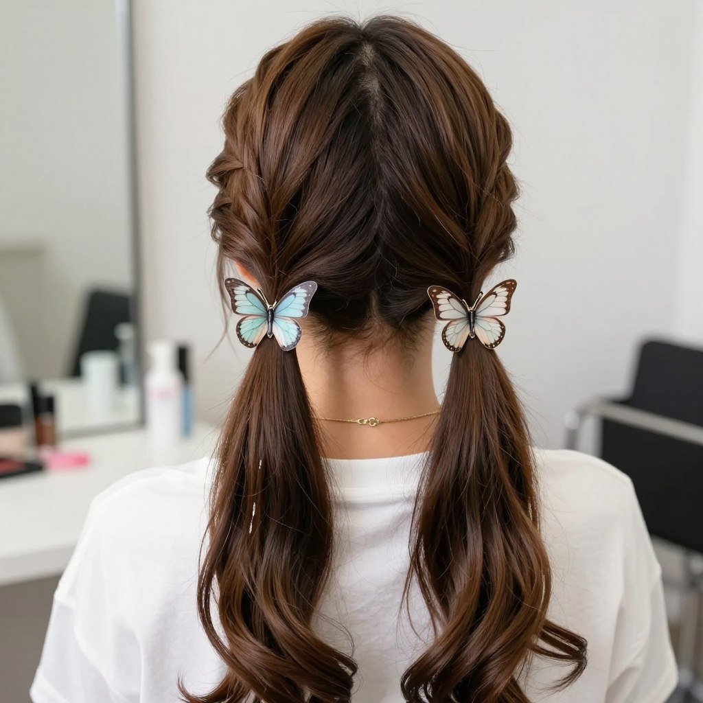 Decorative clips in 2 ponytails half up half down style Decorative clips in 2 ponytails half up half down style