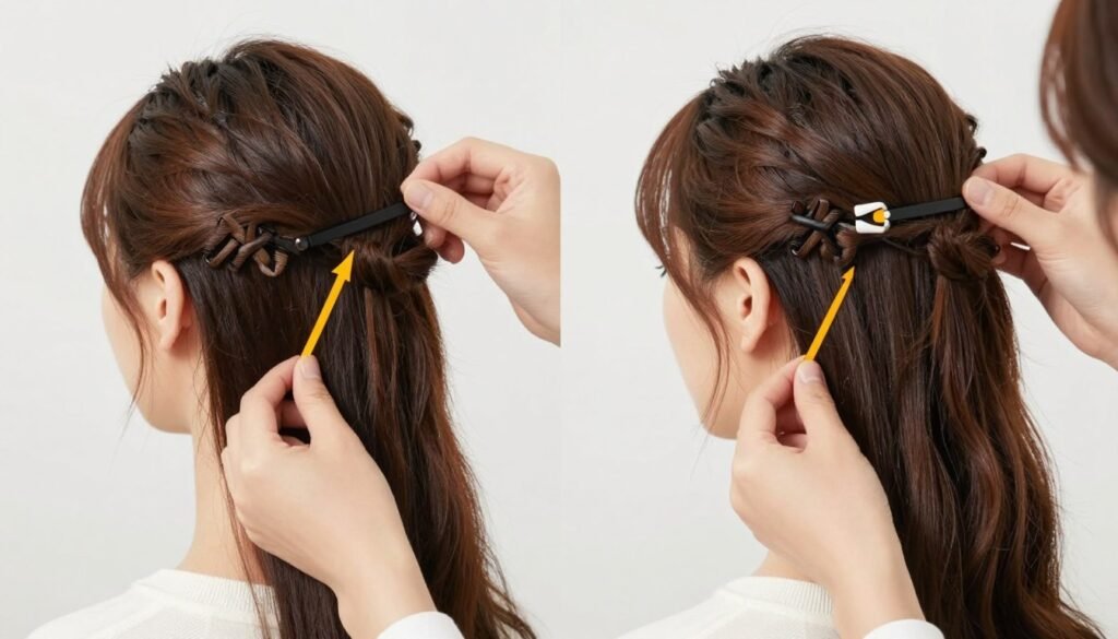Demonstration of proper placement for hair accessories in half up half down styles