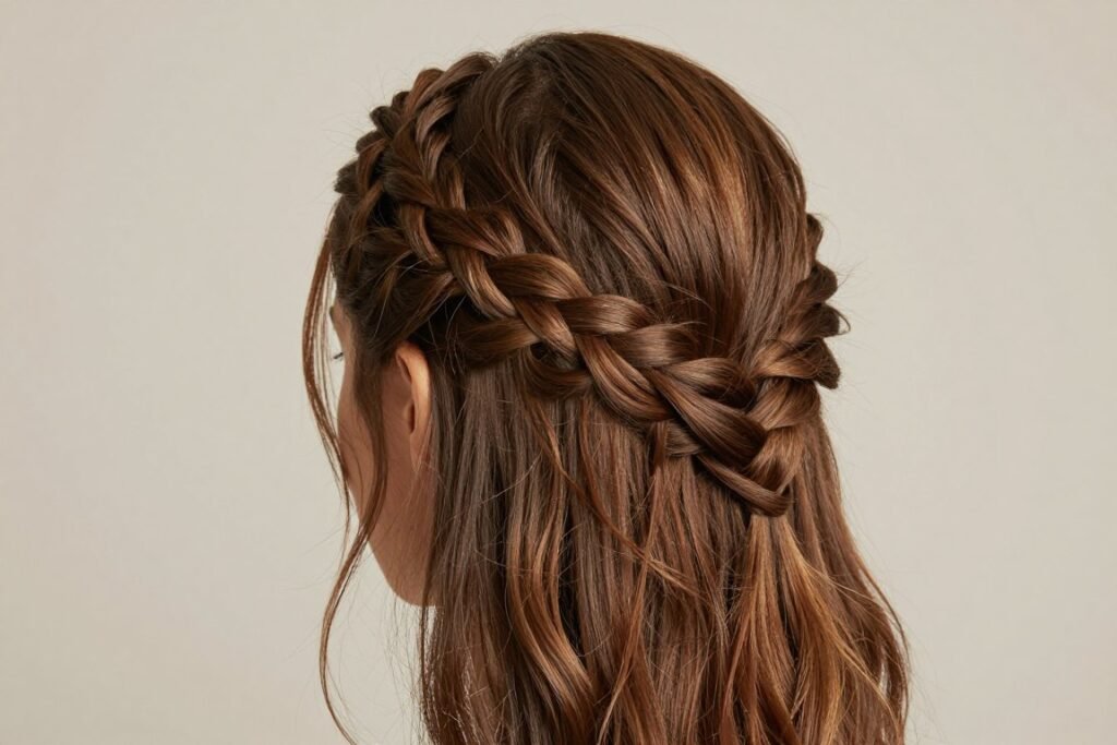 Detailed view of fishtail crown braid in half up half down style