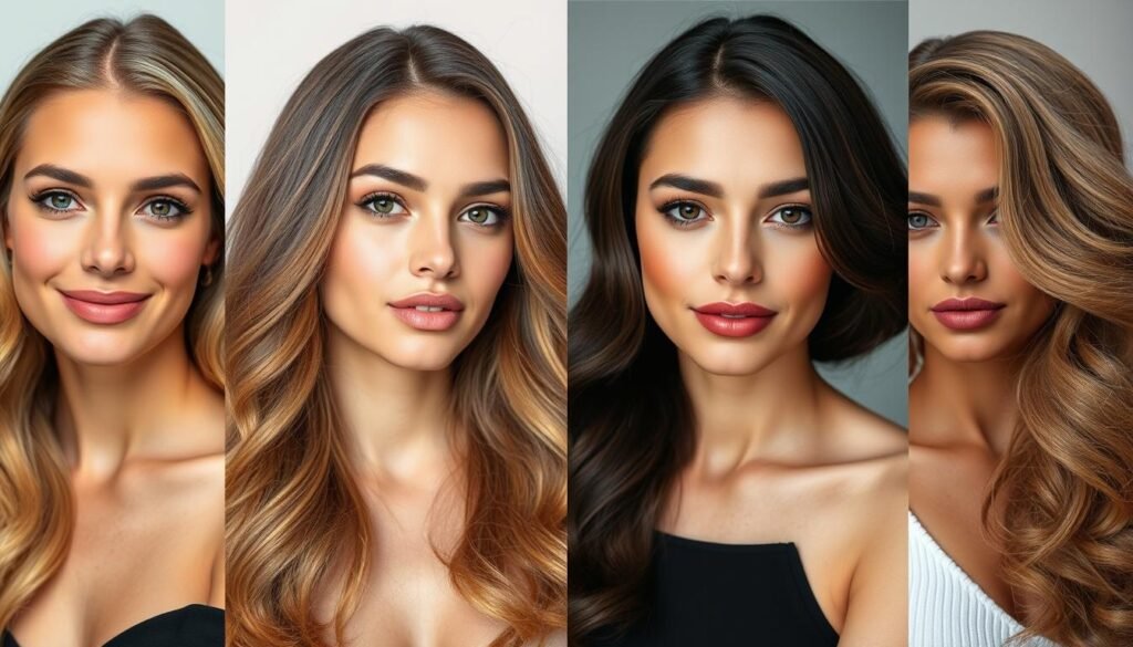 Different women with various skin tones wearing calico hair color Different women with various skin tones wearing calico hair color