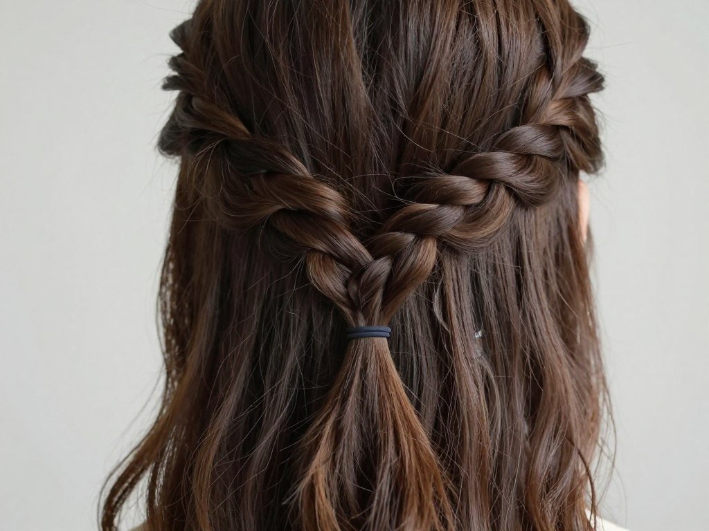 Double braided half up half down hairstyle from back view