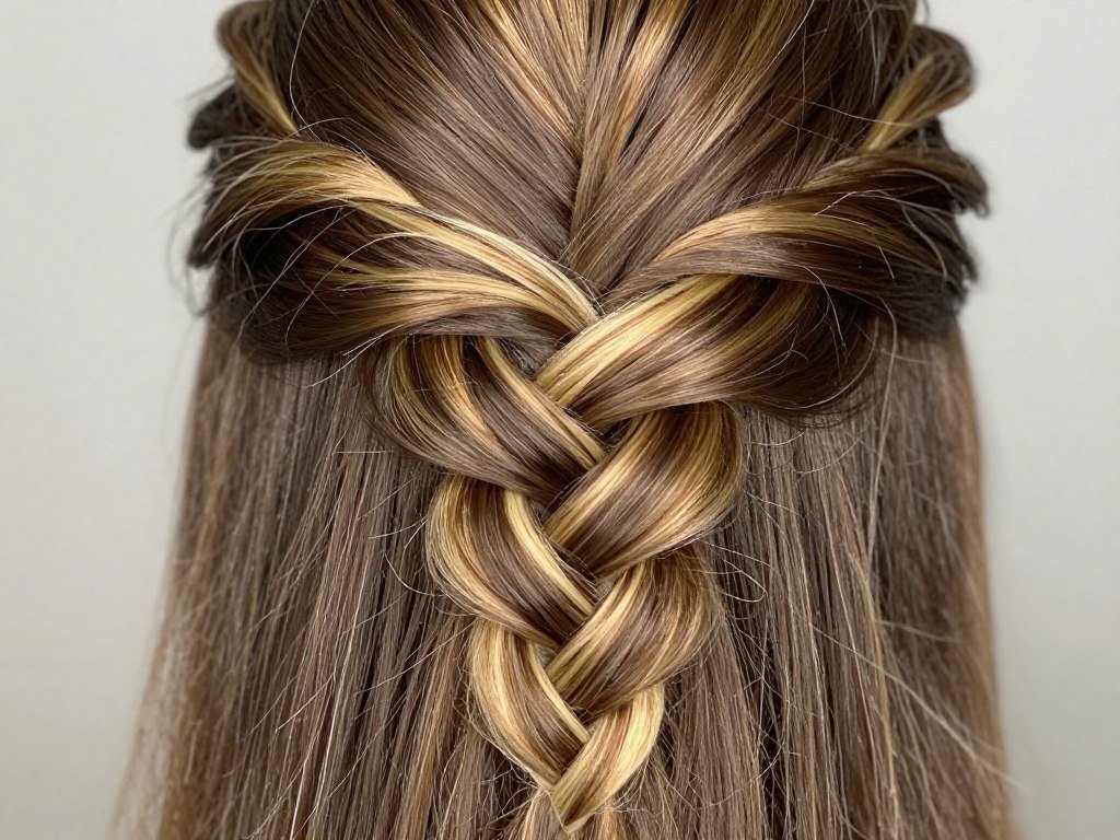Dutch braid on brown hair with blonde highlights showing color dimension Dutch braid on brown hair with blonde highlights showing color dimension