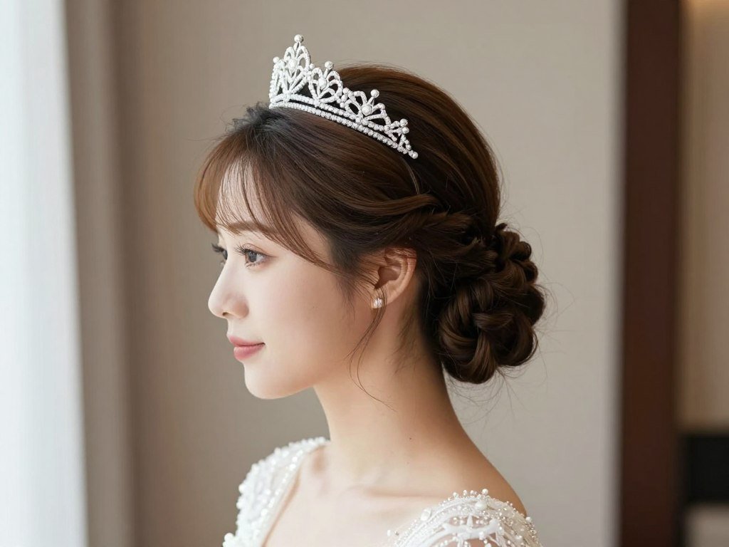 Elaborate twisted crown half up half down wedding hairstyle