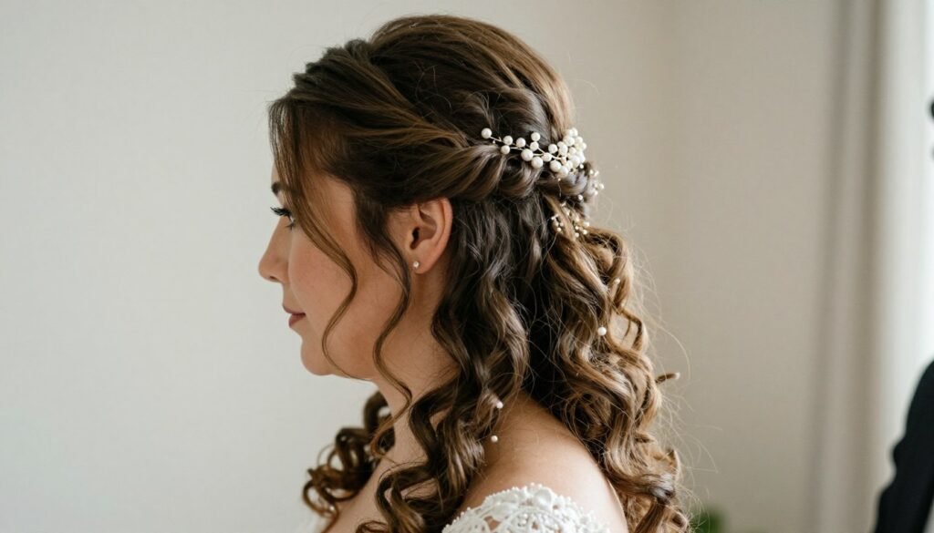 Elegant bridal half up half down hair with soft curls and delicate pearl pins
