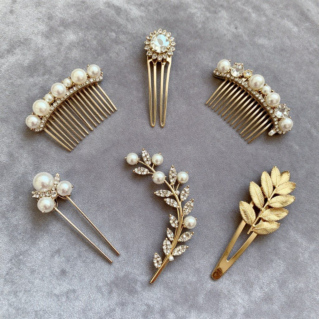 Elegant hair accessories for formal half up half down styles including pearl pins and crystal combs Elegant hair accessories for formal half up half down styles including pearl pins and crystal combs