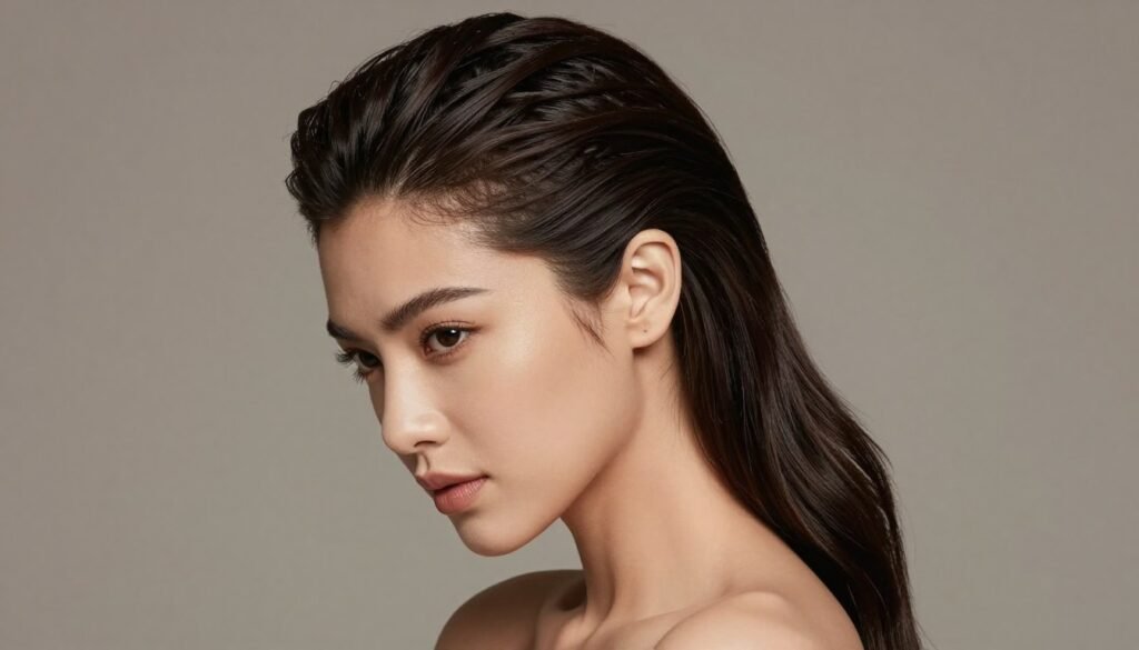 Elegant slick back half up half down hairstyle on a woman with long dark hair