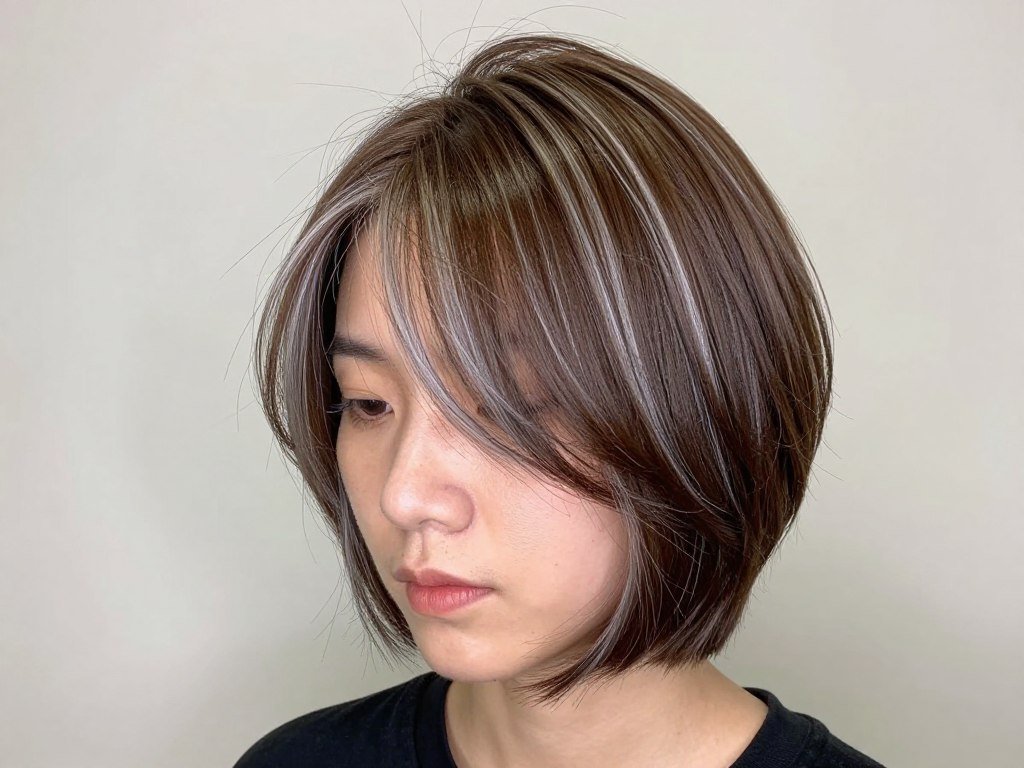 Espresso brown short hair with silver highlight streaks Espresso brown short hair with silver highlight streaks