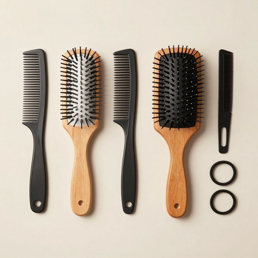 Essential styling tools for half up half down slick back hairstyle including brush, comb, and hair ties Essential styling tools for half up half down slick back hairstyle including brush, comb, and hair ties