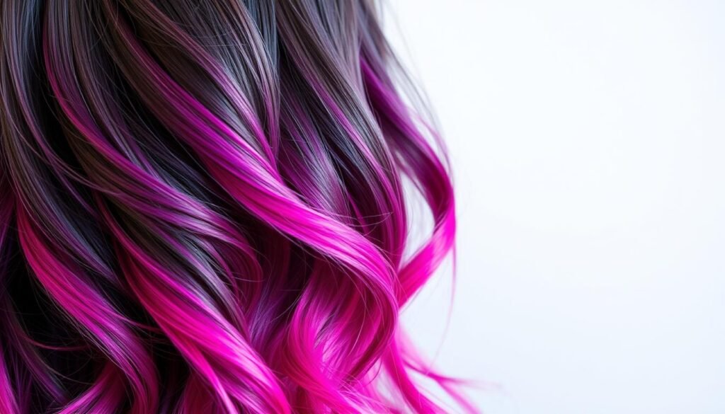 Fantasy ombre hair color with vibrant purple transitioning to pink ends Fantasy ombre hair color with vibrant purple transitioning to pink ends