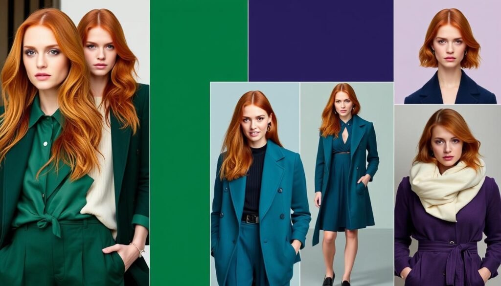 Fashion collage showing clothing colors that complement ginger hair including emerald green, navy, and purple outfits