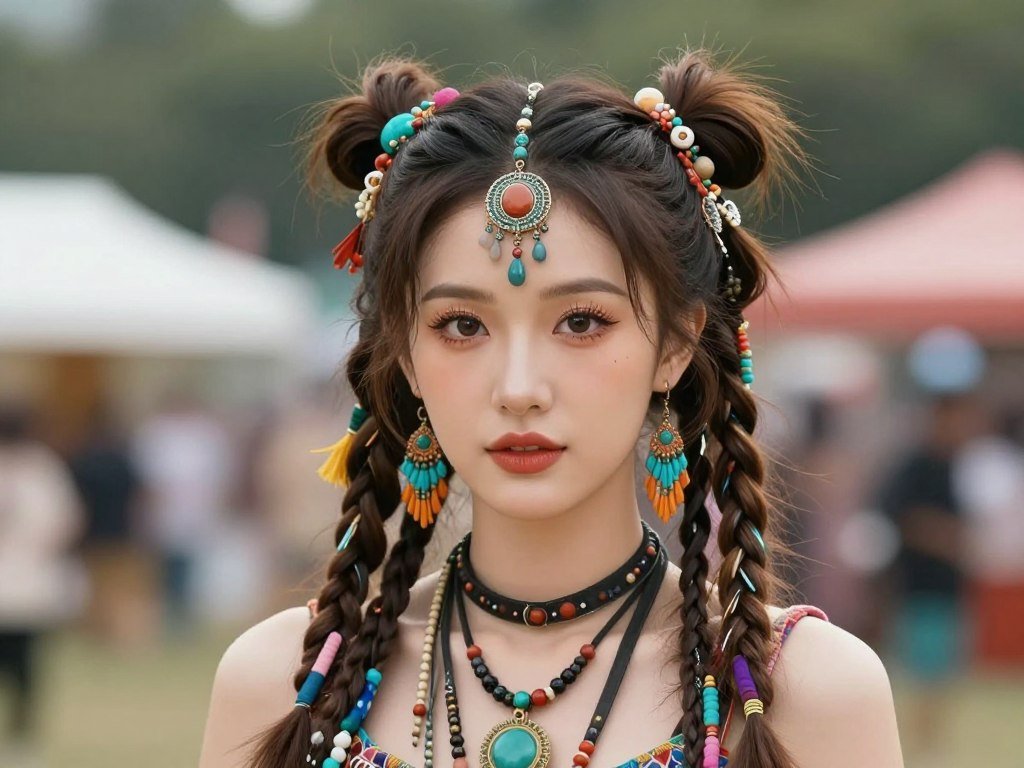 Festival-ready 2 ponytails half up half down with accessories Festival-ready 2 ponytails half up half down with accessories