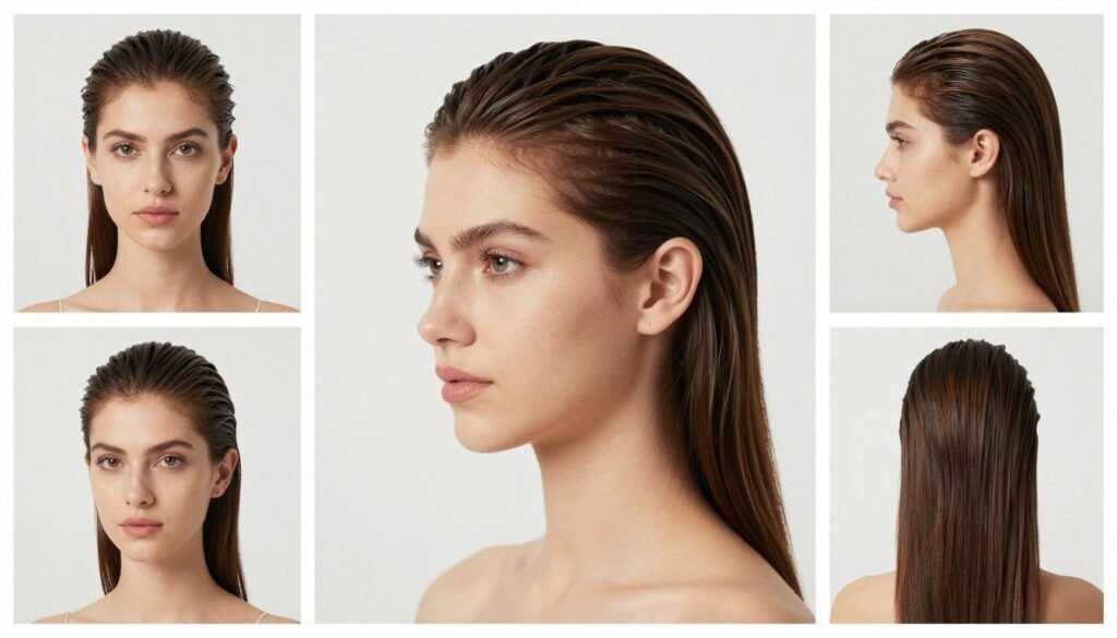 Final elegant half up half down slick back hairstyle from multiple angles Final elegant half up half down slick back hairstyle from multiple angles