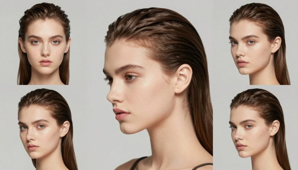 Final elegant slick back half up half down hairstyle on model Final elegant slick back half up half down hairstyle on model