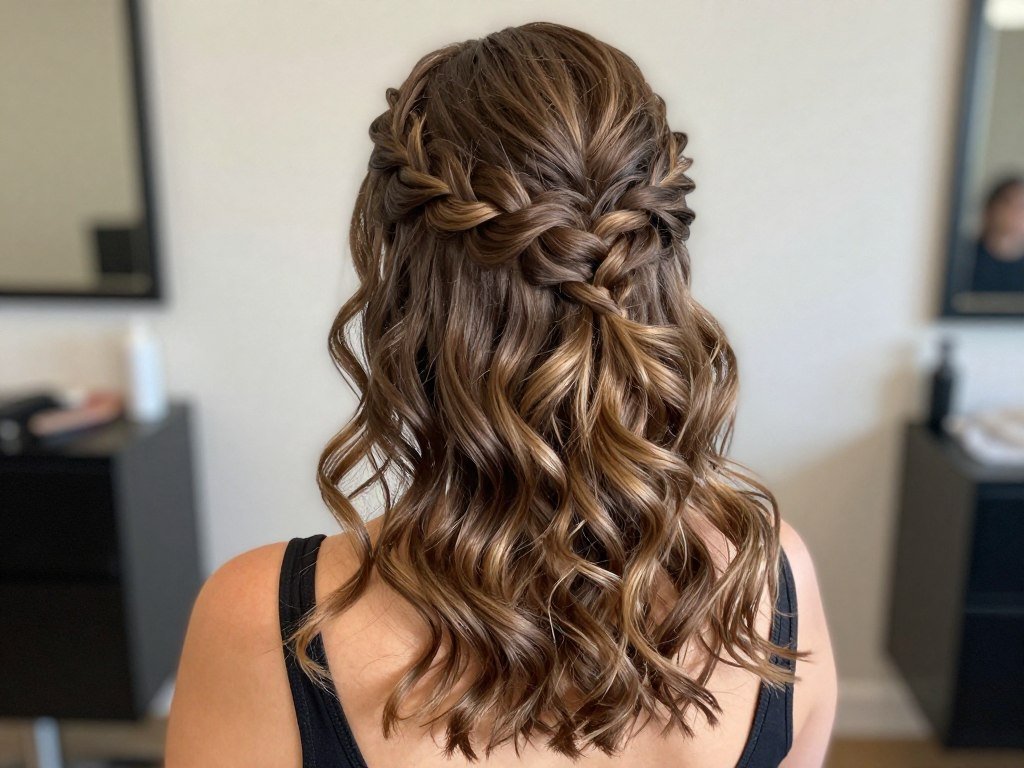 Fishtail braided crown half up half down prom hairstyle with beach waves