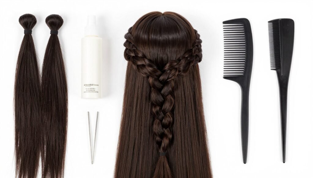 Flat lay of all materials needed for half up half down quick weave installation Flat lay of all materials needed for half up half down quick weave installation