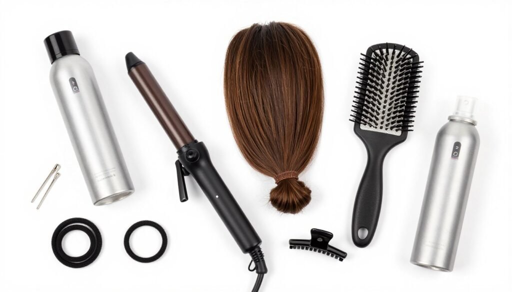 Flat lay of essential hair styling tools for creating cute half up half down hairstyles