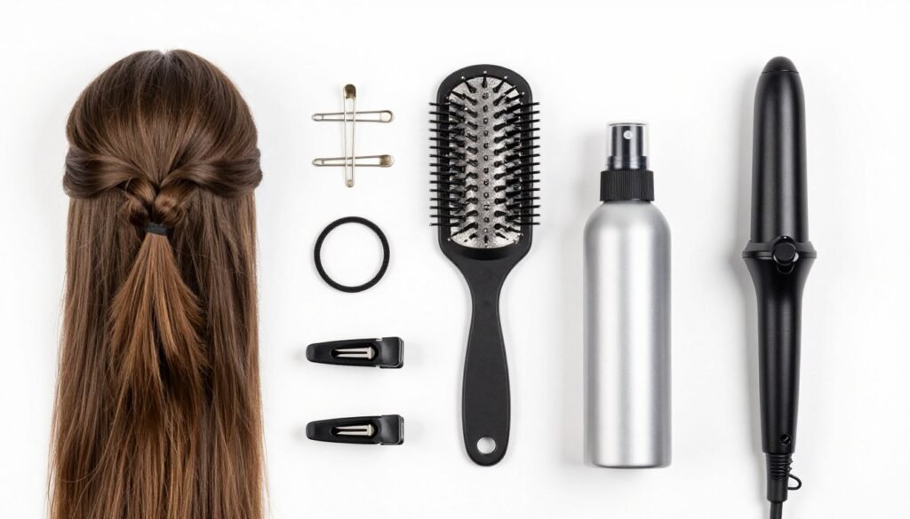 Flat lay of essential hair styling tools for creating half up half down hairstyles