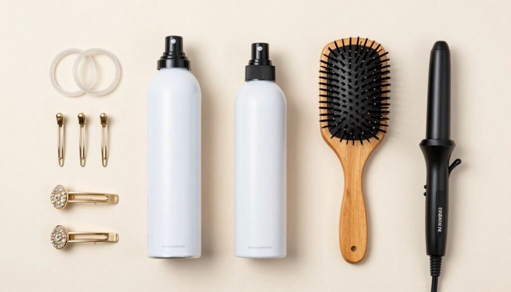 Flat lay of essential hair styling tools for half up half down hairstyles
