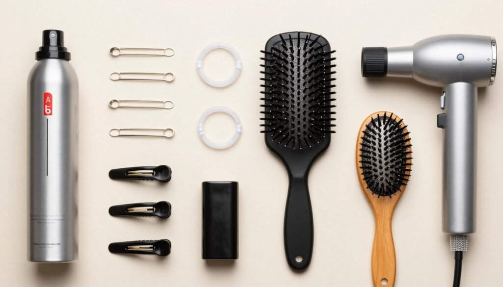 Flat lay of essential hair styling tools for half up half down hairstyles including bobby pins, hair ties, and styling products Flat lay of essential hair styling tools for half up half down hairstyles including bobby pins, hair ties, and styling products