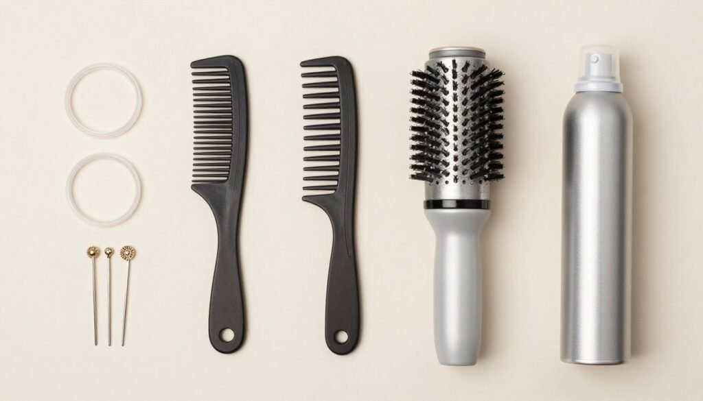 Flat lay of essential hair tools for creating half up half down braids
