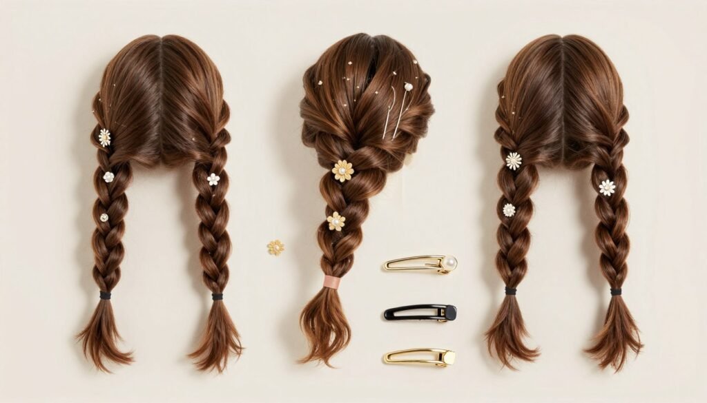 Flat lay of hair accessories for half up half down braids including decorative pins, clips, and ribbons Flat lay of hair accessories for half up half down braids including decorative pins, clips, and ribbons