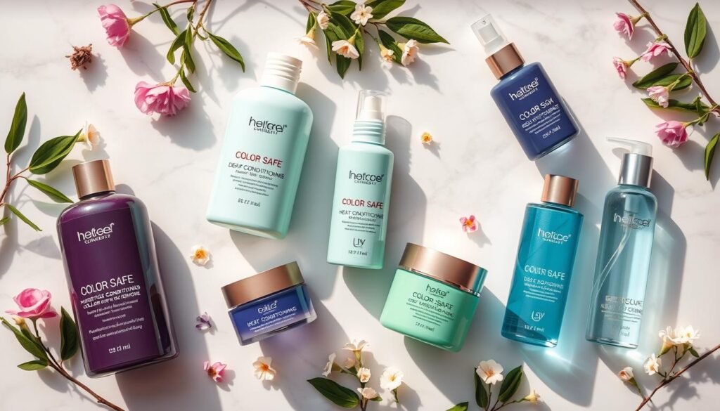 Flat lay of hair care products for colored hair including shampoo, conditioner, masks and heat protectants for maintaining spring hair color trends