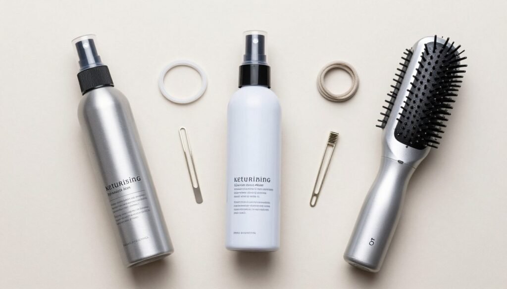 Flat lay of recommended hair products for creating perfect half up half down braids